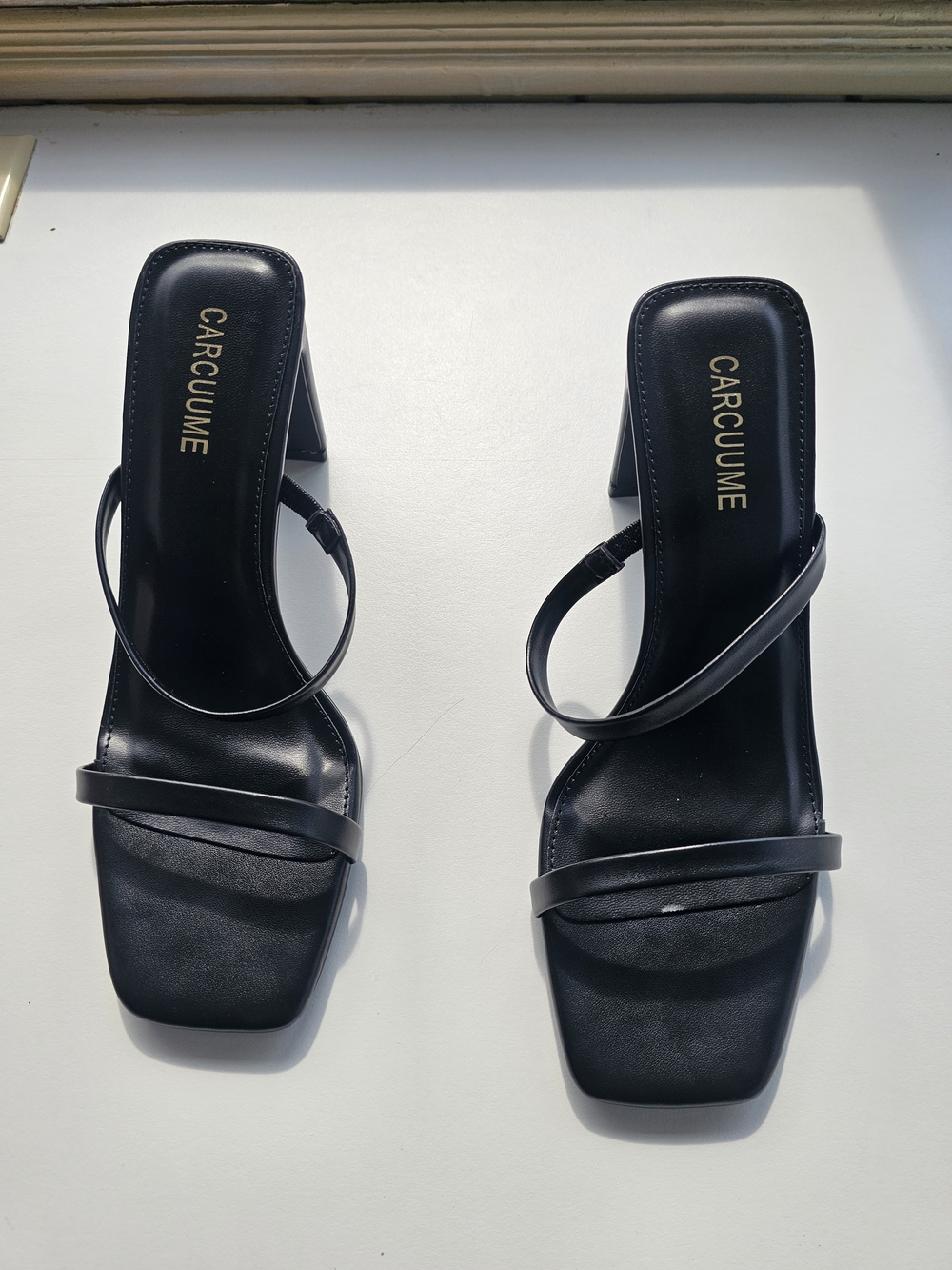 Carcuume Women's Square Toe Two Strap Open Toe Block Heels Sandals Slip On Shoes